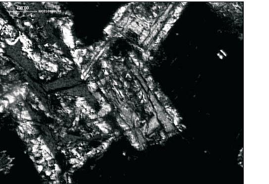 Tabular habit and zonaly structure of melilite, 200x, a) 1N b) XN Kryszta³y o wyd³u onym pokroju oraz formy szkieletowe tworz¹ce promieniste