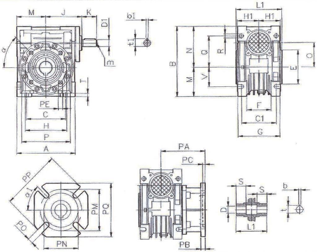 REDUKTORY ŒLIMAKOWE 1 DANE TECHNICZNE I WYMIARY NRV D(H7) D1(j) E(h) F G H H1 J K L1 M N O P Q R 32 2 1 3 7 7. 1(1) 3 71 7 3, 23 7 71, 7. () 3, 7 2 0. 17 (2) 1 7 3 3 0 2 72 2 3 1.