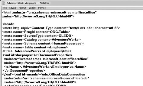 Przenoszenie danych z i do Excela Rysunek 1.1. Fragment pliku typu ODC definiującego połączenie z widokiem bazy danych UWAGA Bazy danych zawierają tabele i widoki.