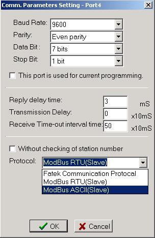 Rys. 5.3: Konfiguracja portu komunikacyjnego sterownika PLC, w trybie ASCII Sterownik ustawiony jako master musi mieć uruchomioną funkcję M_BUS (funkcja 150).