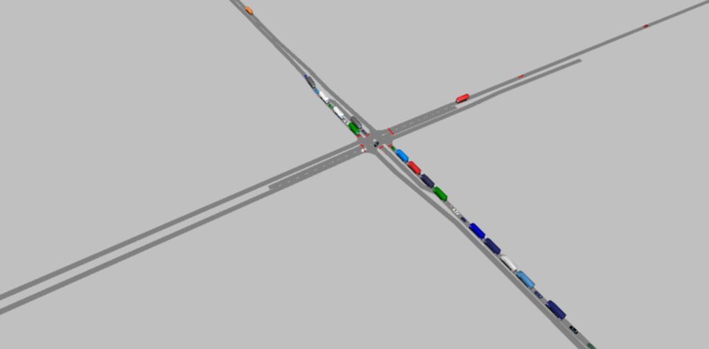 5. Wpływ infrastruktury drogowej na emisję spalin z pojazdów 79 Rys. 5.66. Wizualizacja symulacji prowadzona w programie PTV Vissim przejazd przez skrzyżowanie w centrum miejscowości Rys. 5.67.
