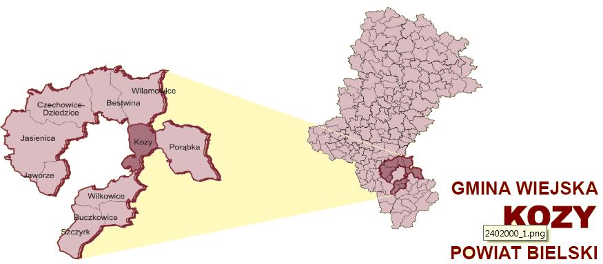 3. LOKALIZACJA PROGRAMU... CHARAKTERYSTYKA GMINY KOZY Gmina Kozy leży w południowej części województwa śląskiego w środkowo zachodniej części powiatu bielskiego.