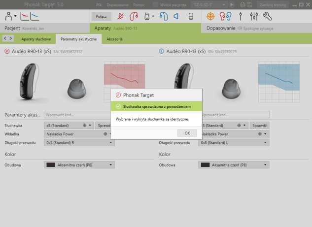 Sprawdzenie słuchawki Przy pierwszym połączeniu urządzeń, program Phonak Target sprawdza, czy słuchawka dołączona do aparatu Audéo B pasuje do wybranej w dopasowaniu, w oknie [Parametry akustyczne].