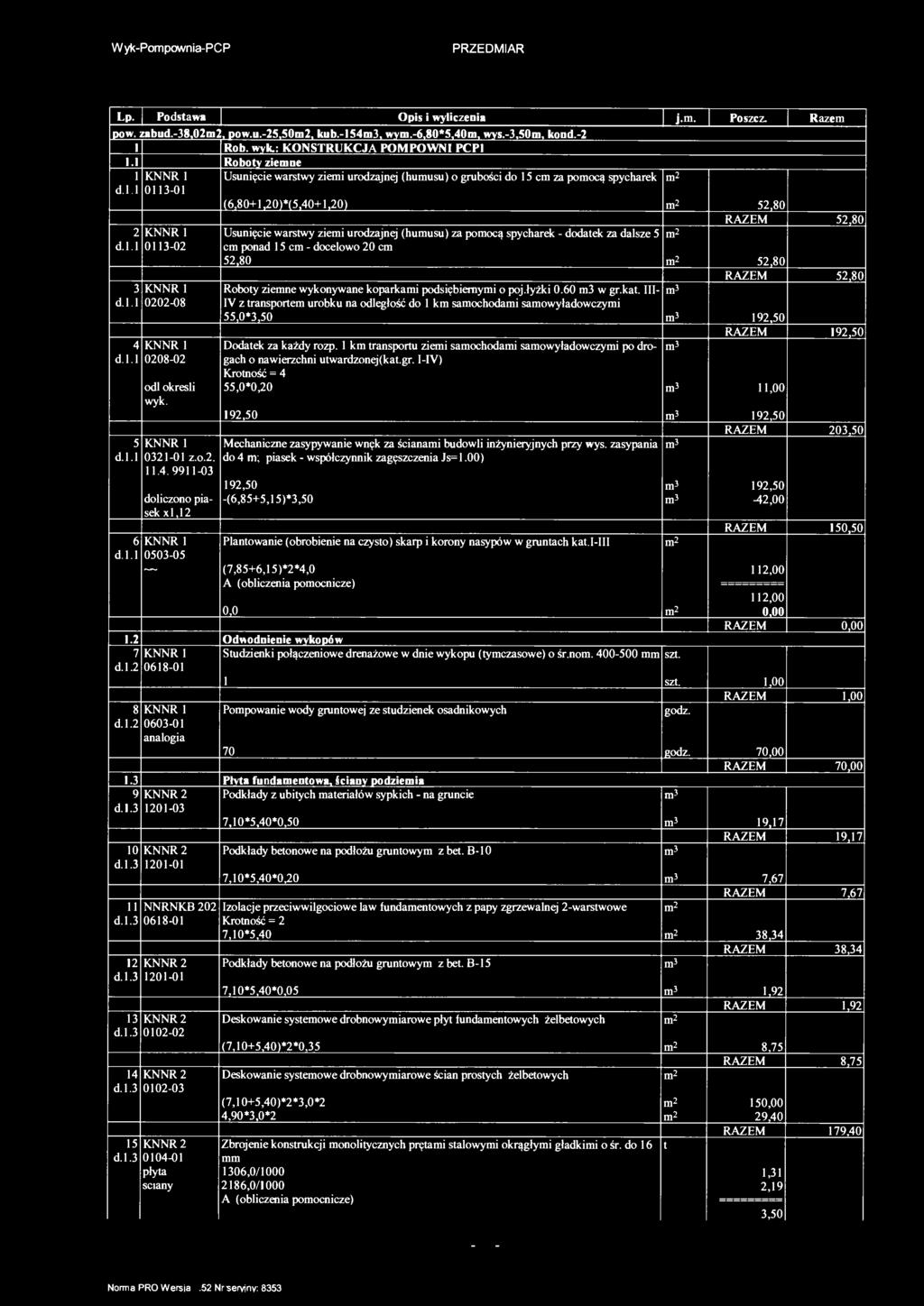 Wyk-Popownia-PCP2 Lp. Podsawa Opis i wyliczenia j.. Poszcz. Raze pow. zabud.-38,022, pow.u.-25,502, kub.-543, wy.-6,80*5,40, wvs.-3,50, kond.-2 Rob. wyk.: KONSTRUKCJA POMPOWNI PCP.