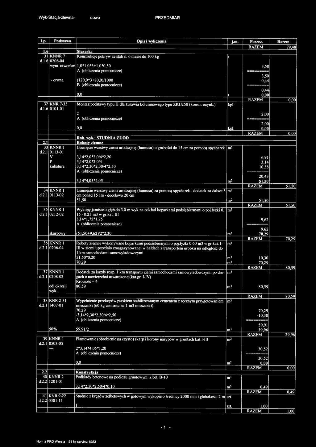 W yk-sacja-zlewna-prze-dowoź Lp. Podsawa Opis i wyliczenia j.. Poszcz. Raze 79,48.6 Ślusarka 3 KNNR 7 Konsrukcje pokryw ze sali n. o asie do 00 kg d..6 0206-04 wy.