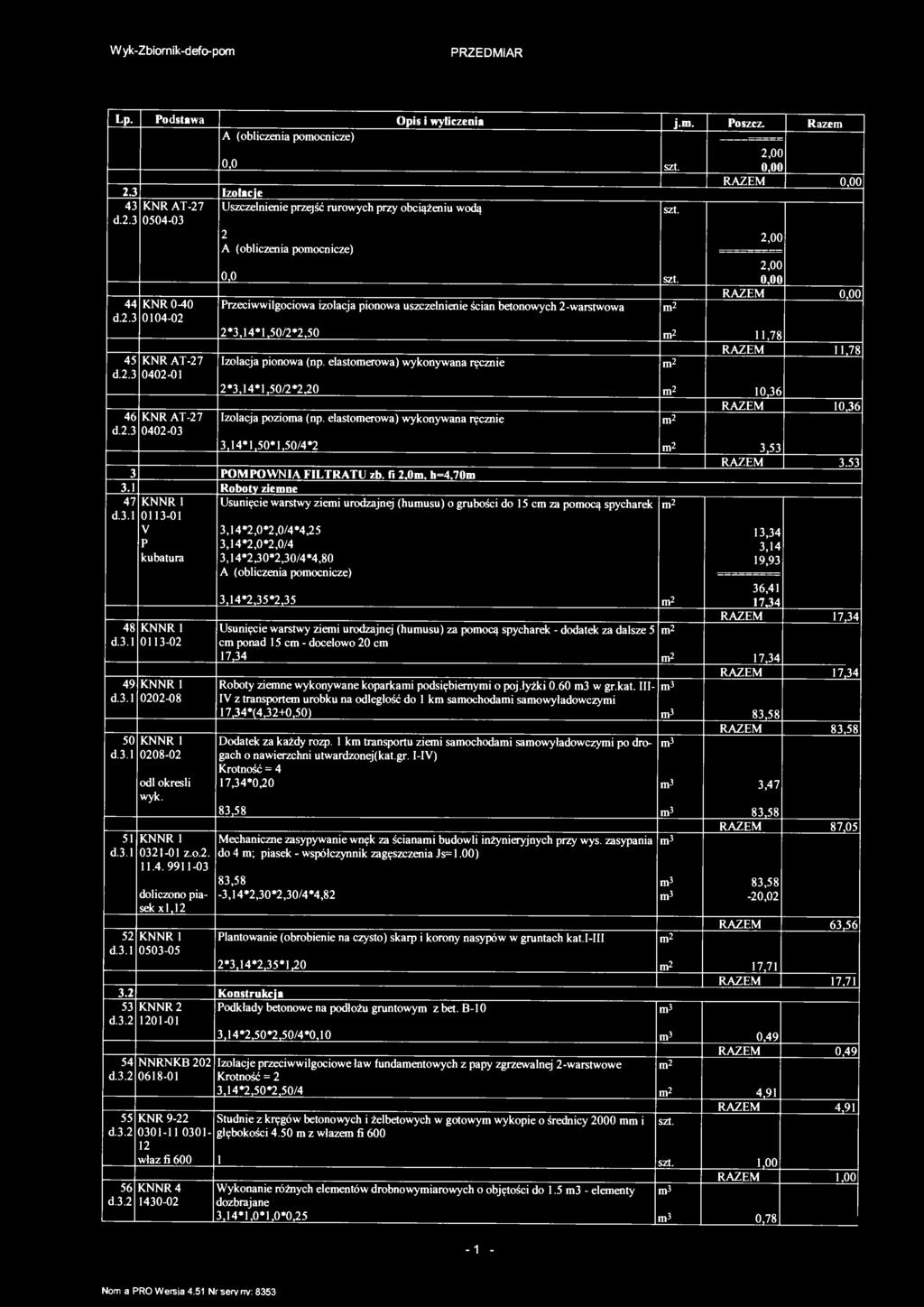 W yk-zbiornik-defo-po Lp. Podsawa Opis i wyliczenia j.. Poszcz. Raze. 2.3 Izolacje 43 KNR AT-27 Uszczelnienie prząść rurowych przy obciążeniu wodą d.2.3 0504-03 2 44 KNR 0^0 d.2.3 004-02 45 KNR AT-27 d.