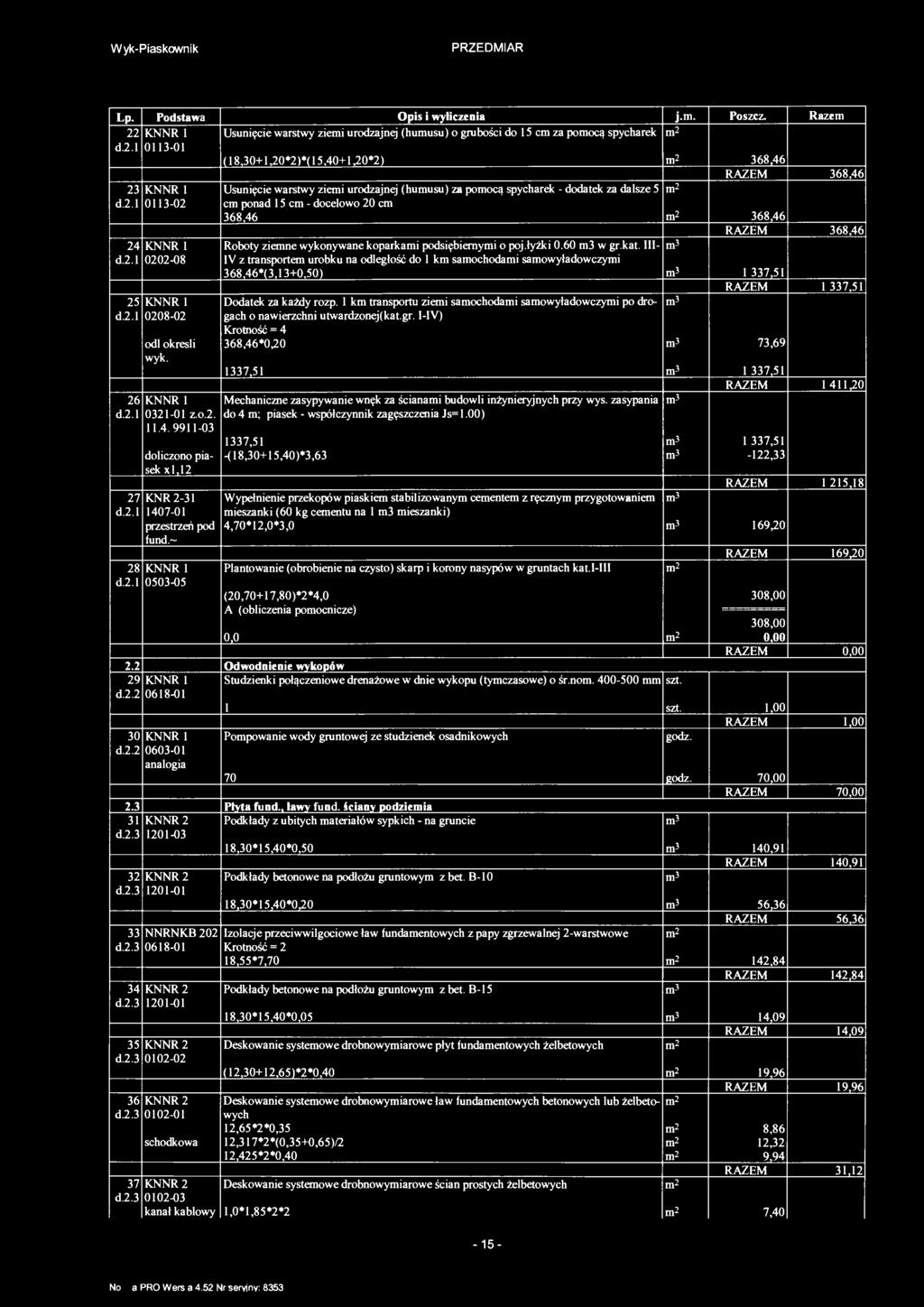 Wyk-Piaskownik Lp. Podsawa Opis i wyliczenia j.. Poszcz. Raze 22 KNNR Usunięcie warswy ziei urodzajnej (huusu) o grubości do 5 c za poocą spycharek d.2. 03-0 (8,30+,20*2 )*( 5,40+,20*2) 368,46 368,46 23 KNNR d.