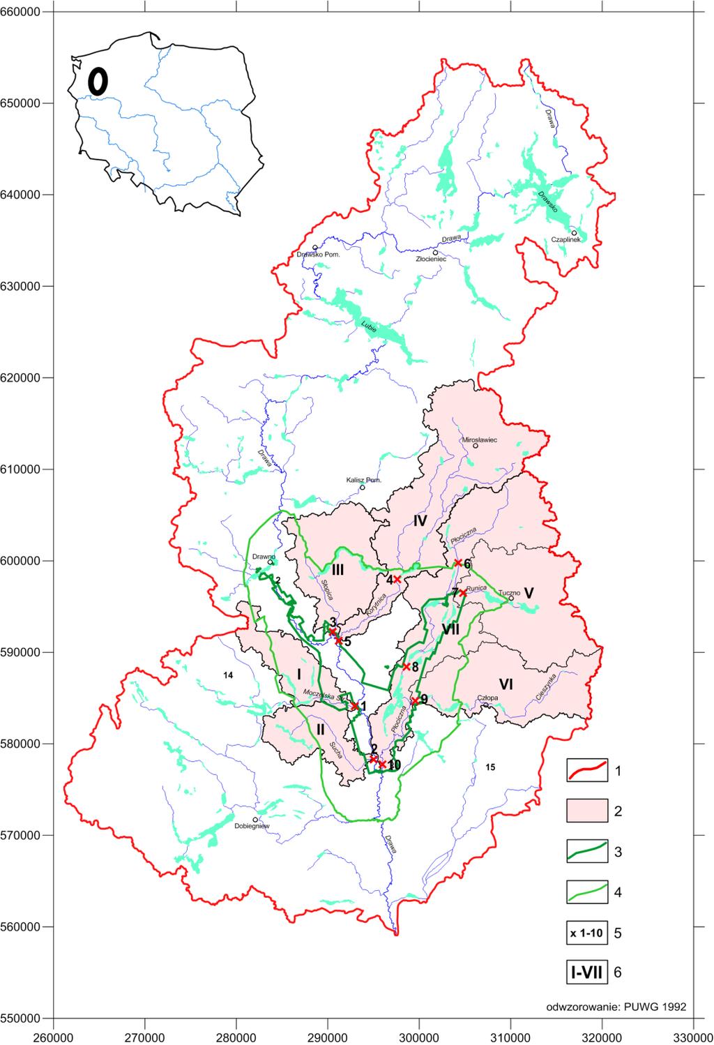 Lokalizacja obszaru badań i stanowisk pomiarowych na tle dorzecza Drawy, Drawieńskiego Parku Narodowego i otuliny DPN 1 wododział zlewni Drawy, 2 zlewnie badawcze, 3 granica Drawieńskiego Parku