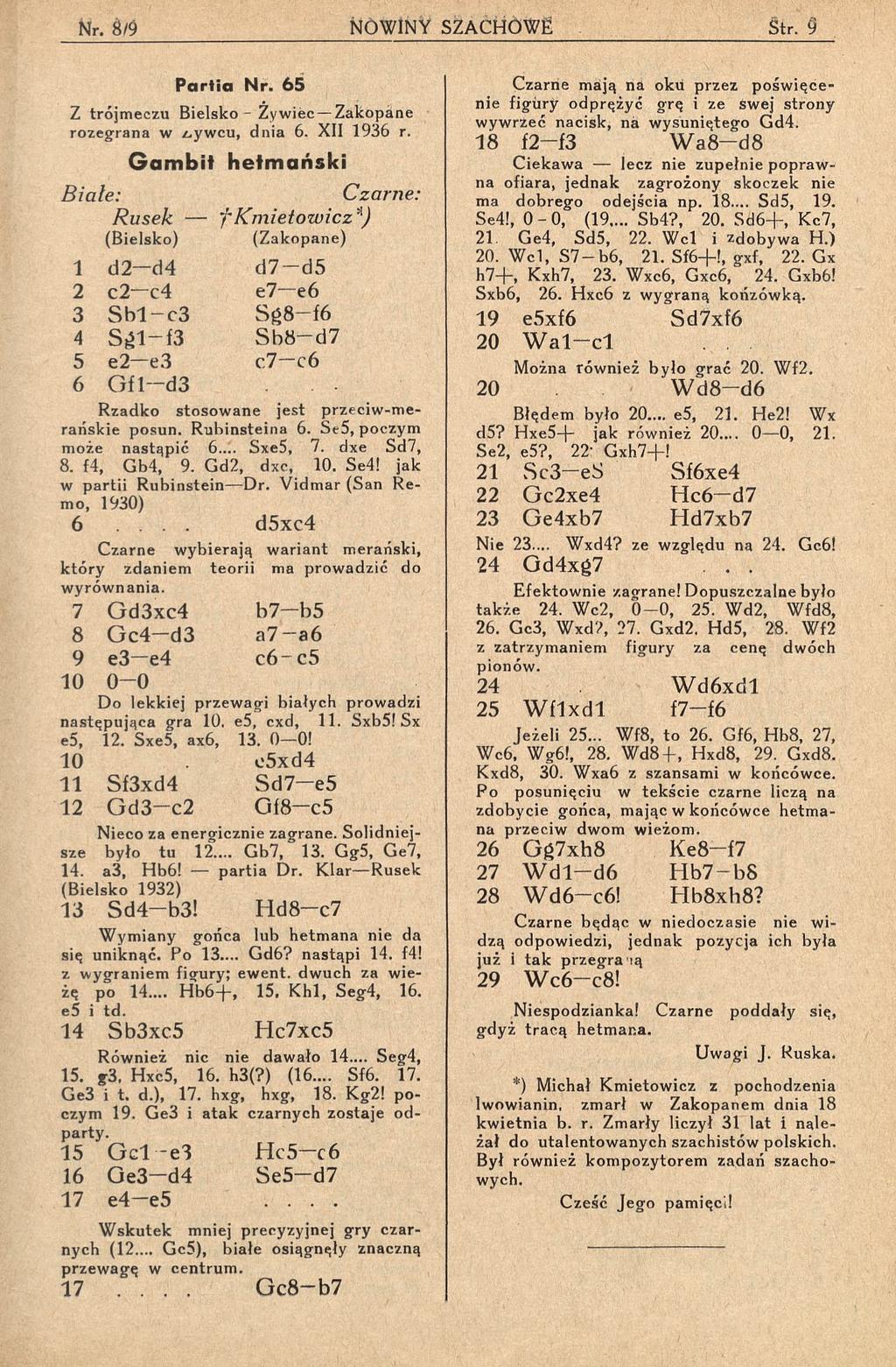 P a r tia N r. 6 5 Z trójmeczu Bielsko - Żywiec Zakopane rozegrana w żyw cu, dnia 6. XII 1936 r.