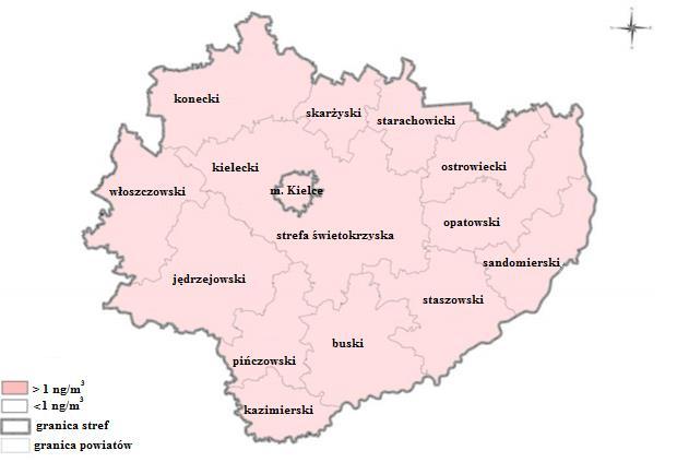 Na obszarze województwa świętokrzyskiego wyznaczono obszary potencjalnych przekroczeń wartości dopuszczalnych ww. zanieczyszczeń.