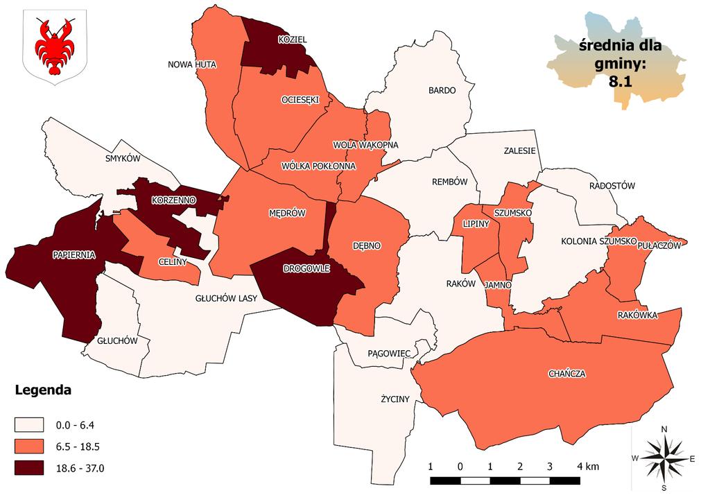 Mapa 16 Rozkład wartości wskaźnika liczba osób, którym przyznano świadczenie z pomocy społecznej z powodu długotrwałej lub ciężkiej choroby na 1 000 mieszkańców