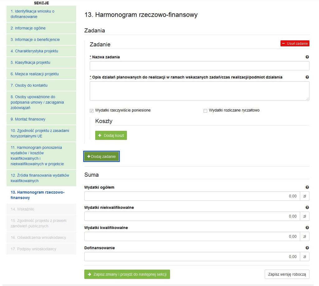 3.13. Harmonogram rzeczowo-finansowy Zakres rzeczowy SEKCJA 13.