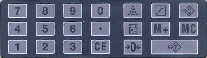 Objaśnienia klawiatury 0 do 9 i. Za pomocą tych przycisków wprowadza się ciężar sztuk, ilość sztuk lub ciężar tary. CE: Za pomocą tego przycisku kasowane są wprowadzone wartości.