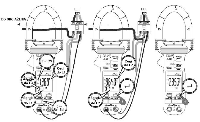 4.9. Pomiar mocy w instalacjach 3-fazowych 3-przewodowych (3~3W) z niezrównoważonym obciążeniem Ustawić przełącznik suwakowy funkcji pomiarowej na pozycję 3~Un-Bal Przyciskiem 3W 4W należy wybrać