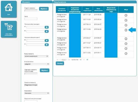 Pojawi nam się lista z datami rozpoczęcia oraz organizatorami kształcenia poprzez pole akcje