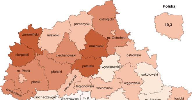 Stopa bezrobocia rejestrowanego w końcu lutego 2016 r. wyniosła 8,7% i była jedną z najniższych w kraju (średnia 10,3%). W skali roku stopa bezrobocia była o 1,3 p. proc.