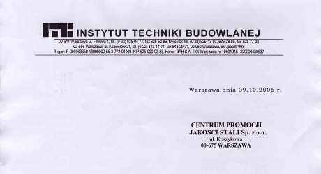 Zalety stali EPSTAL Pozytywna opinia Instytutu Techniki Budowlanej na temat stali EPSTAL: Usytuowanie napisu EPSTAL na