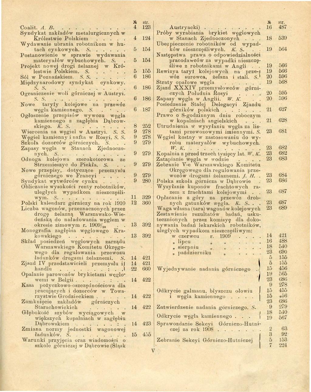 Ooait. A. B. Syndykat zakadów metaurgicznych w Króestwie P oskiem Wydawanie ubrania robotnikom w hutach cynkowych. S. Postanowienie w sprawie wydawania materyaów wybuchowych. S. Projekt nowej drogi żeaznej w Króestwie Poskiem.