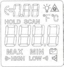 WYŚWIETLACZ = Emisyjność Wskaźnik lasera SCAN HOLD MAX/MIN Tryb SCAN (pomiar) HOLD (wyświetlanie ostatniego wyniku) Maksymalna i minimalna zmierzona wartość Wskaźnik naładowania baterii Wskaźnik