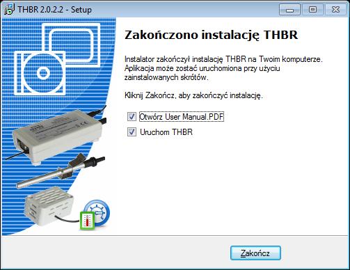 Okno zakończenia instalacji programu: Opcjonalnie, pozostawiając zaznaczone pole wyboru Otwórz User Manual.