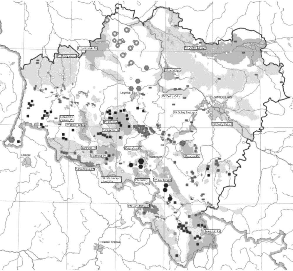 150 Parki Krajobrazowe: Doliny Bystrzycy, Przemkowski Park Krajobrazowy, Sudetów; Wałbrzyskich, Doliny Baryczy, Śnieżnicki Park Krajobrazowy, Rudawski Park Krajobrazowy; Obszary Specjalnej Ochrony