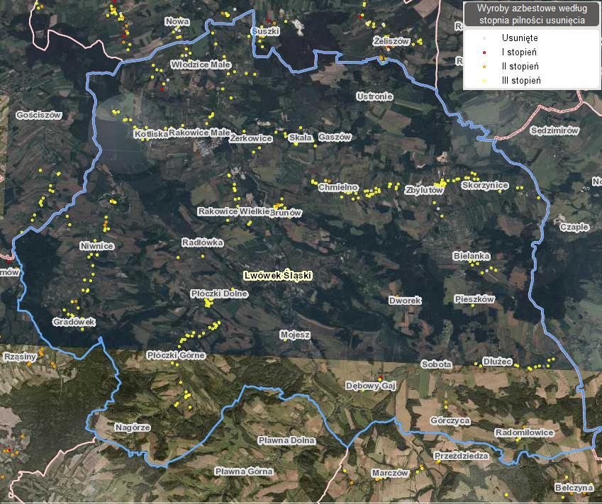 materiału występuje w sołectwach: Chmielno, Zbylutów, Skorzynice, Płóczki Górne, Płóczki Dolne, Gradówek, Niwnice, Dłużec, Brunów, Rakowice Wielkie, Kotliska, Włodzice Małe.