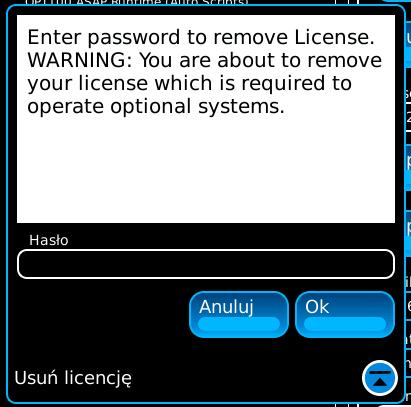 (Funkcje pokazane zostały jedynie w celach pokazowych.) 2. Wybrać przycisk usuń licencję (Remove License). Pojawi się następujący komunikat z pytaniem: 3.