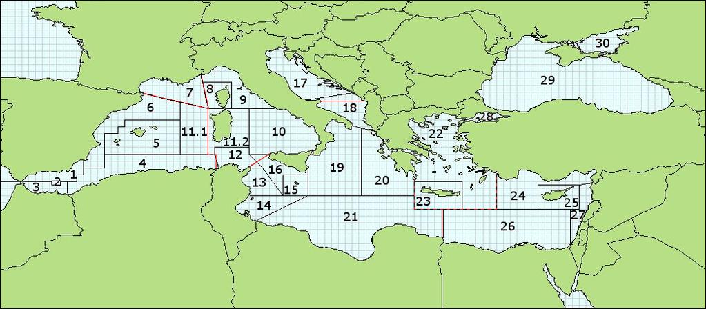 B) Mapa podobszarów geograficznych GFCM (GSA) (GFCM, 2009) 01 północne Morze Alborańskie Statystyczne regiony FAO (czerwony) GFCM GSA (czarny) 07 Zatoka Lwia 13 Zatoka Al-Hammamat 02 wyspa Alboran 08