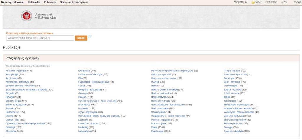 Wyszukiwarka EDS daje możliwość przeszukania większości baz udostępnianych przez Bibliotekę Uniwersytetu w Białymstoku oraz katalogu Biblioteki.