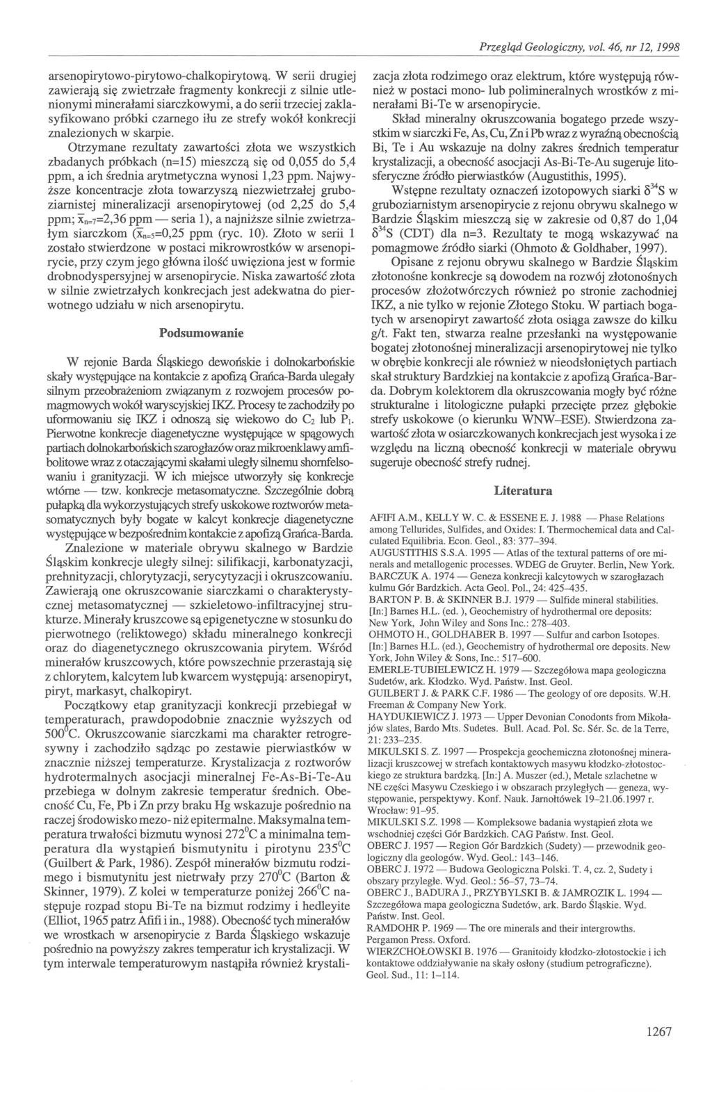 Geologiczny, vot. 46, nr 12, 1998 arsenopirytowopirytowochalkopirytową.