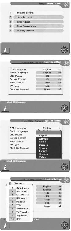 6. Other options (inne opcje) To menu zawiera 5 pod-menu. Ustawienia systemu Blokada rodzicielska Ustawienia czasu Timer Air Download Ustawienia fabryczne 6.