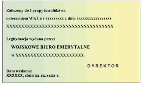 Wzór nr 42 do 23 WZÓR LEGITYMACJI EMERYTA-RENCISTY WOJSKOWEGO Opis: Legitymacja pozioma, o wymiarach 55 mm x 85 mm, koloru zielono-żółtego cieniowanego, materiał karton, dwustronnie foliowana.