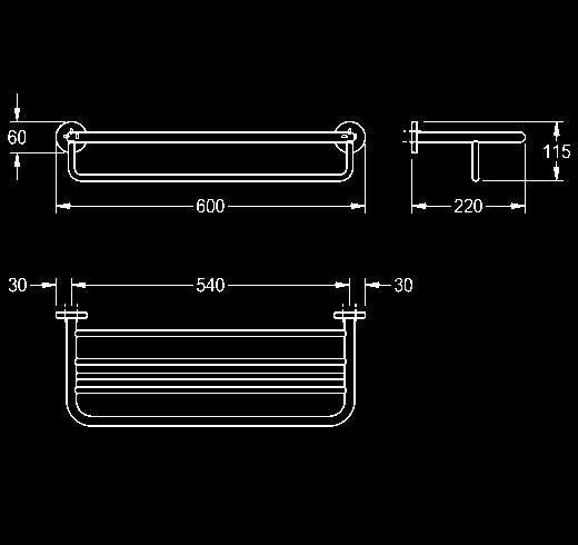otworem montażowym na spodzie 600 x 125 x 54 mm Podwójny wieszak na ręcznik w połączeniu z półką na