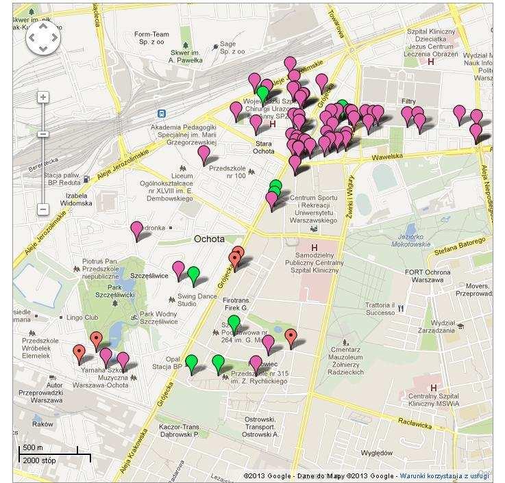 Rysunek 6 Siedzi y zarządów wspól ot zielo e oraz spółdziel i różowe ieszka iowy h. Źródło: opra owa ie włas e w syste ie Google Maps.