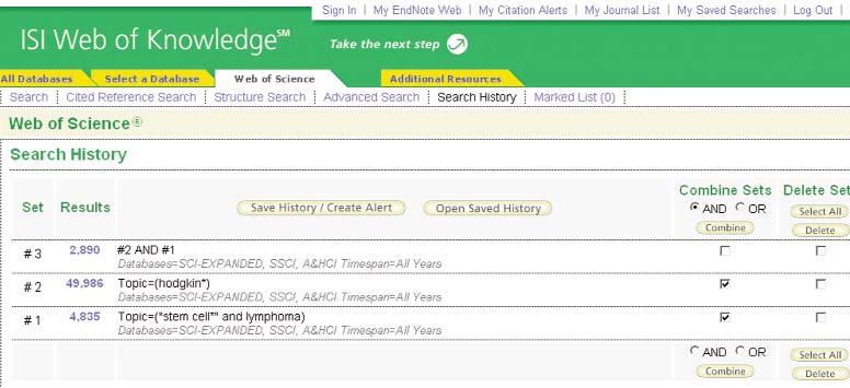 Endnote Web zawierającej do 0 000 pozycji Zapisz wyszukiwanie i stwórz powiadomienia Kliknij przycisk Historia wyszukiwań, aby zobaczyć swoje zestawy wyszukiwań i stworzyć kombinacje zestawów.