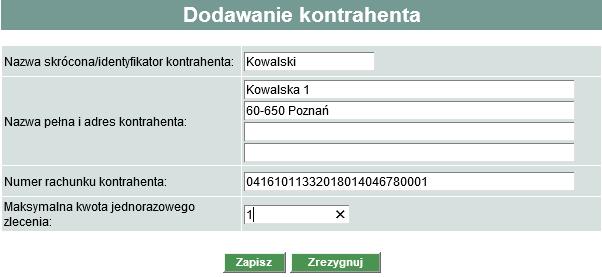 Profil kontrahenta tworzy się przez wskazanie: nazwy skróconej kontrahenta służącej do wyszukiwania kontrahentów na liście kontrahentów pełnej nazwy i adresu kontrahenta numeru rachunku kontrahenta