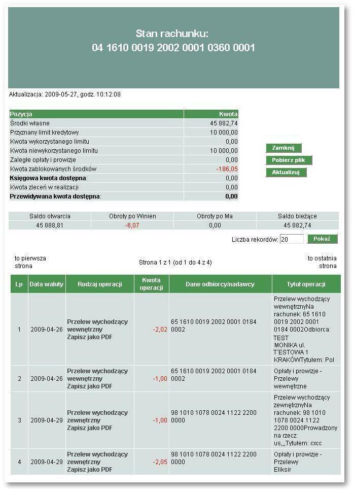 Zaznaczenie przez użytkownika pola Pokaż tylko operacje z rachunków wirtualnych spowoduje, że system zaprezentuje na formatce stanu rachunku