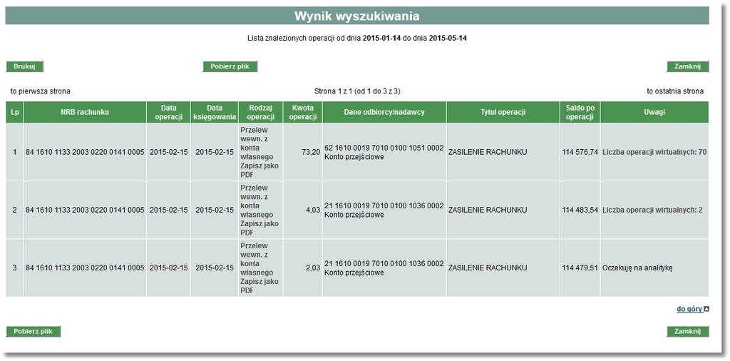 Po wyborze odnośnika z liczbą operacji wirtualnych dla danej operacji agregującej system wyświetli podgląd listy operacji wirtualnych dla operacji.