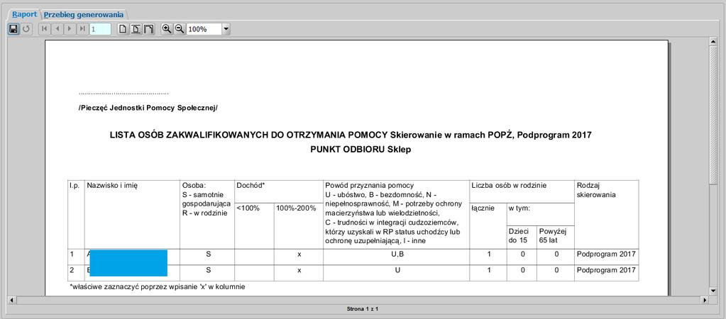 Pojawi się okno, na którym wskazujemy konkretną placówkę, konkretny rodzaj skierowania oraz ewentualnie zakres dat skierowań. Gotowy wydruk będzie miał następującą przykładową postać.