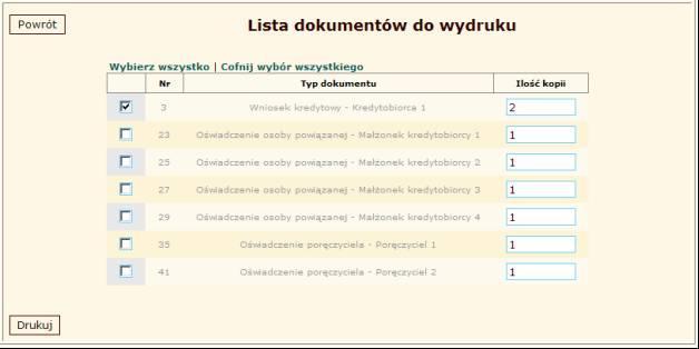 Poniżej zawarto ekran dla opcji Drukuj: Ekran 17 - Lista dokumentów do wydruku Pole ilość kopii jest polem edytowalnym; domyślnie podpowiada się w nim wartość zdefiniowana w parametrach produktu lub