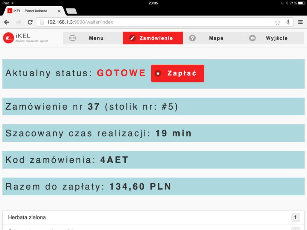 Zakończenie zamówienia 7 Po kliknięciu w odpowiedni stolik na mapie,