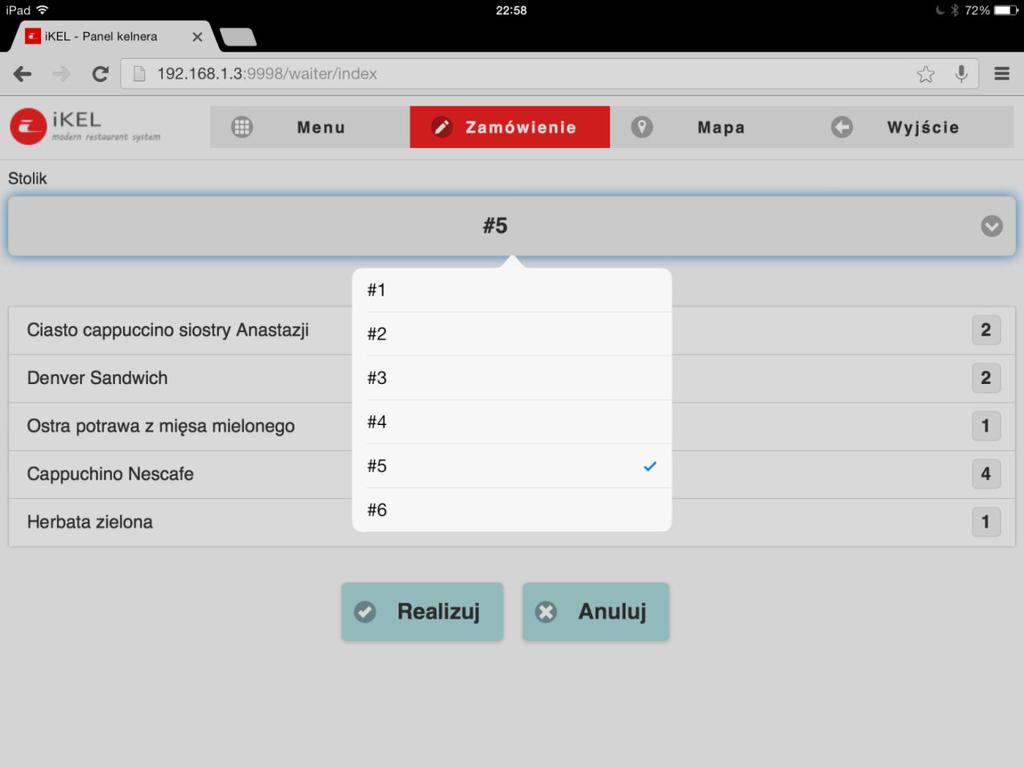 Przesłanie zamówienia do realizacji 2 Kelner wybiera z listy stolik przy którym siedzą goście.