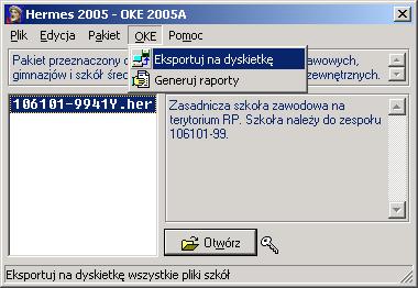 Kiedy mamy pewność, że dane wprowadzone do programu są poprawne, za pomocą polecenia OKE/Eksportuj na dyskietkę należy wyeksportować (zapisać) dane egzaminacyjne na czystą, sformatowaną dyskietkę