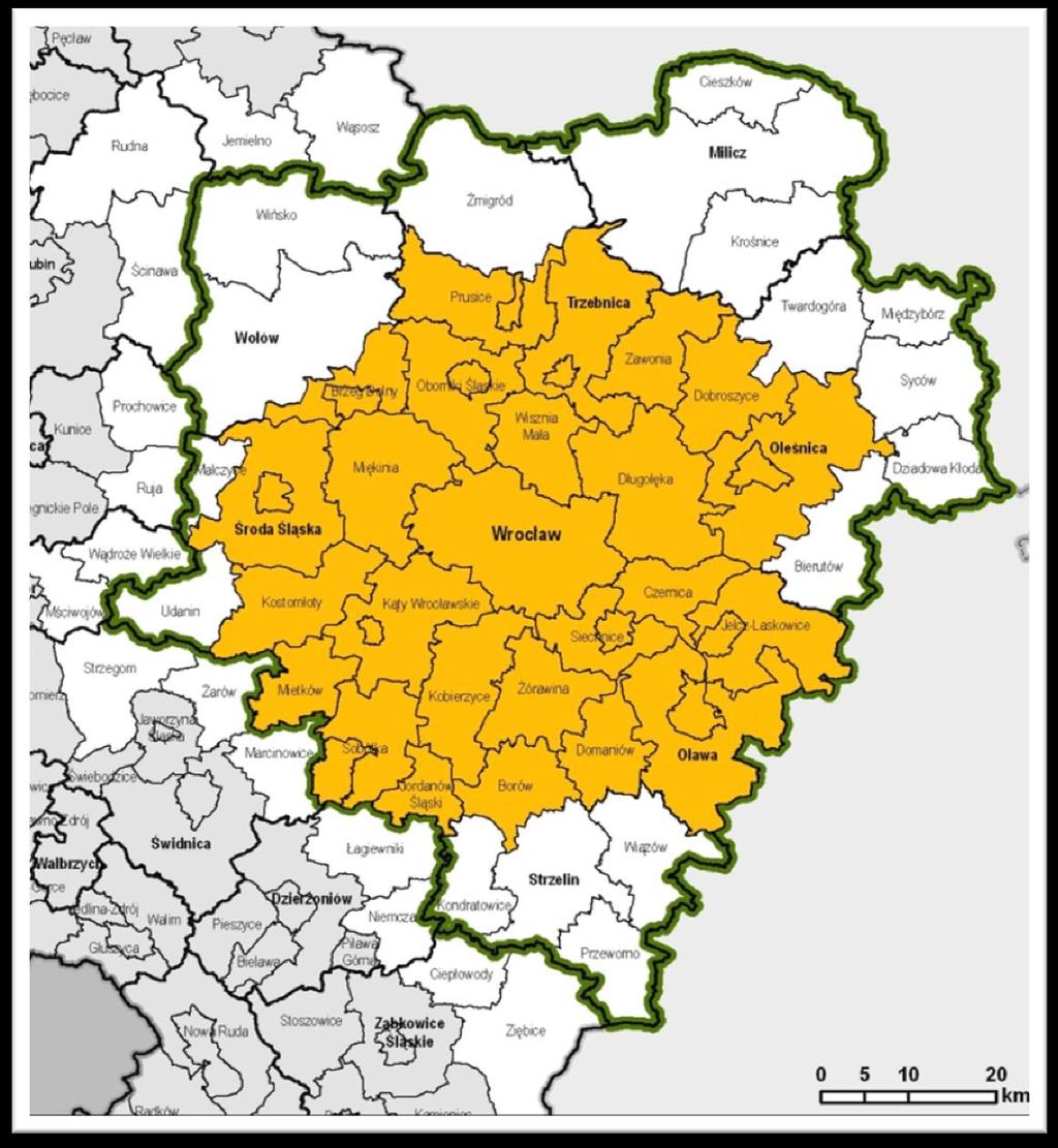 WROCŁAWSKI OBSZAR METROPOLITALNY LICZBA MIESZKAŃCÓW: 1 180 000 (633 000 mieszkańców we Wrocławiu) LICZBA GMIN: 27 GMINY MIEJSKIE: Wrocław, Oława, Oleśnica GMINY WIEJSKIE: Borów, Czernica, Długołęka,