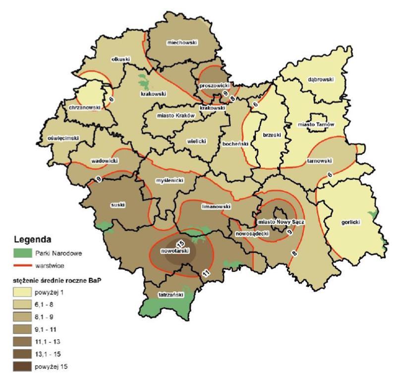 Pył PM2,5 Rysunek 6. Stężenie średnioroczne pyłu PM 2.5 [µg/m³] Źródło: WIOŚ Kraków, Ocena jakości powietrza w województwie małopolskim w 2014 r.