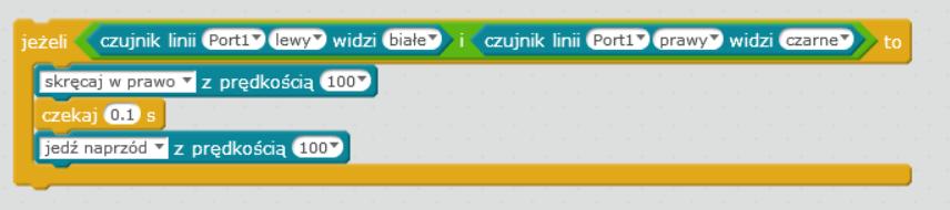 Po ułożeniu bloków uczniowie wgrywają program do robota i sprawdzają, czy działa po wykryciu na lewym czujniku linii, robot skręci w lewo, czyli dokona korekty swojego kursu.