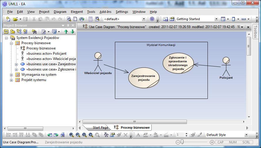 Przedstawiony diagram zawiera przypadki uŝycia biznesu, dwóch aktorów oraz ramkę. Ramka określa system biznesowy (firmę, urząd, dział, itp.).