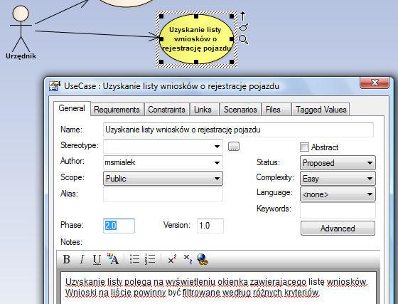 Przypadki uŝycia powinny zawierać po 2-3 zdania krótkiego opisu ich funkcjonalności. Opis ten powinien w przybliŝeniu określać, jaka powinna być interakcja aktora z systemem.
