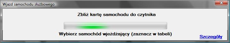 II. Wjazd samochodu służbowego W celu odnotowania wjazdu samochodu służbowego kliknij na przycisk Wjazd samochodu na ekranie startowym, pojawi się okno z prośbą o zbliżenie karty, zbliż wtedy kartę