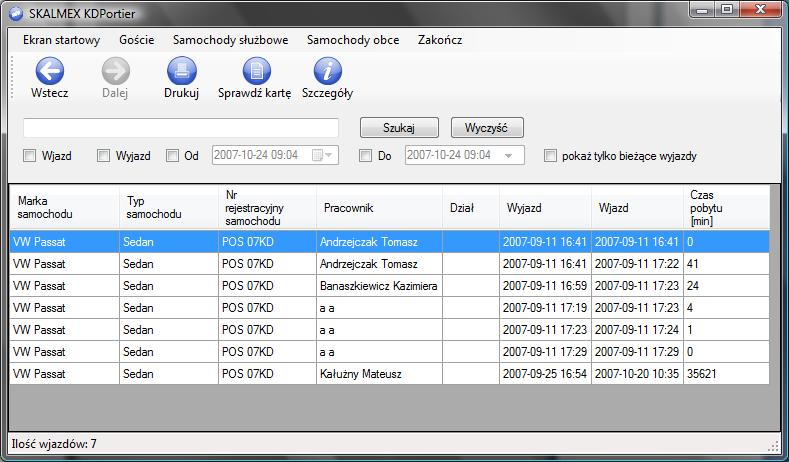 IV. Przeglądanie wyjazdów samochodów służbowych W celu przeglądania wyjazdów samochodów służbowych kliknij przycisk Wyjazdy samochodów z ekranu głównego, pojawi się tabela z listą wyjazdów samochodów